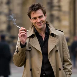 photorealistic photography of jean dujardin as the artist posing as a charismatic smiling thief!, with a light brown trench coat and a cigarette, in dresden files movie, hd
