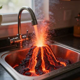 there is a volcano erupting from my kitchen sink with streams of lava flowing out from it