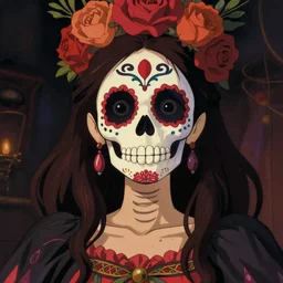 illustration of a sugar skull day of the dead girl, art by ghibli studio