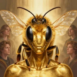 portrait of a stunning god of bees, gold skin. light coming from background. realistic, symmetrical face. art by bowater charlie, mark brooks, julie bell, arian mark, tony sandoval