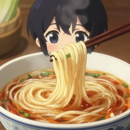 close up of bowl of noodles with chopsticks, anime, detailed anime, realistic anime, manga anime, chibi anime, detailed, highly detailed, hd, 4 k, sharp, clear, high res, high quality, cinematic, 2 point studio lighting,