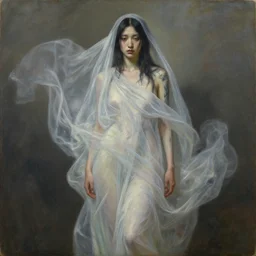 loose painting of a sad, fragile, tattooed, cool, beautiful, veiled, asian girl covered in translucent flowing dress, endless flowing ethereal drapery, classical greece, alla prima, oil painting, by giovanni strazza, sargent and raffaelo monti, arranged in the golden ratio, powerful pose, epic composition, face fully visible, trending in artstation