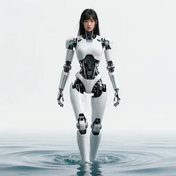 beautiful centered fine art photo portrait of hoyeon jung as a solarpunk robotic humanoid, white mechanical parts with bright halogen lights, treading above water, ultra - realistic and detailed, white background, natural lighting, soft focus, slow exposure hdr 8 k