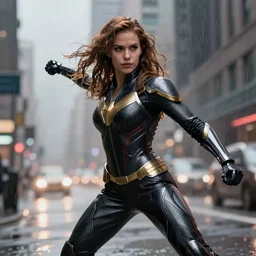 vfx marvel sci-fi woman black super hero robot photo real full body action pose, city street cinematic lighting, rain and fog closeup by Emmanuel Lubezki