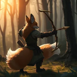 a medieval anthropomorphic fox archer with a fluffy tail in a forest, backlighting, trending on artstation, furry art, by kawacy, warm lighting, digital art