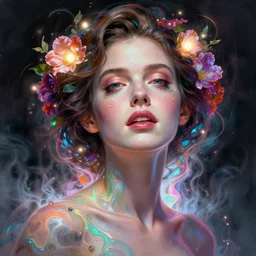 ann hathaway, portrait, colorful and vibrant, majestic, open wide eyes, tear drops, flowers on hair, glowing light orbs, intricate concept art, elegant, digital painting, smooth, sharp focus, ethereal opalescent mist, outrun, vaporware, cyberpunk darksynth, ethereal, ominous, misty, by ruan jia and miho hirano, 8 k, rendered in octane