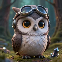 high resolution, cinematic, anthropomorphic owl character, fluffy feathers, pilots hat, made in 3 d, collectable statue, octane render, friendly face, large eyes, super cute, forrest background, realistic detailed hyperrealistic, depth of field, sharp focus, volumetric lighting by brian froud and dark crystal
