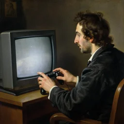 Portrait of a man playing a video game on a CRT television. Painting by Caravaggio. Intricate details. hyper realism. Masterpiece.