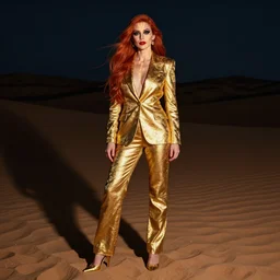 portrait of a woman with long red hair, very beautiful style, in a gold suit, night desert, dunes, photorealism, night in the desert, her face lit up with golden rays, she is wearing makeup black shadows and red lips, she stands on golden, heels, edgard maxence,