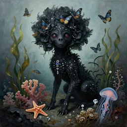 hyperrealistic detailed painting of a scary black terrific chimera, with flowers, butterflies, corals, sea kelp, sea plants, fish, starfish, jellyfish, diamonds, filaments, golden filigree, neon lights, art by ernst haeckel, john william godward, hammershøi, alphons mucha, pontormo, ornamental, decorative, art nouveau wallpaper, lights by hopper, pastel deep colours,