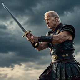 cinematic action shot of joe biden as leonidas sword fighting in 3 0 0 movie, 8 k, epic moody sky, dramatic lighting