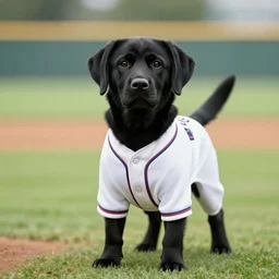 A cute black labrador dog wearing a baseball uniform, in a baseball field, sports photography