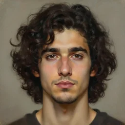 portrait of a young italian male, very curly dark shoulder length hair, round nose, angular eyebrows, short patchy beard, closeup portrait, elegant, highly detailed, oil painting, artstation, concept art, matte, sharp focus, illustration, hearthstone, art by earl norem