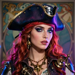 a head and shoulders portrait of a space pirate, neon, retro, steampunk, smooth, sharp focus, artstation, concept art by Rutkowski and Mucha and sky sewa
