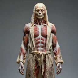 horror image of a peeled man with exposed muscle, wearing robes made of his own skin
