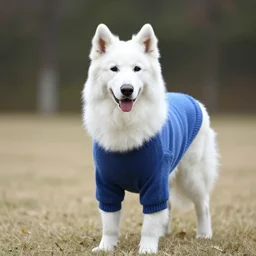 a white shepherd wearing a sweater