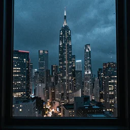a beautiful photo of a scifi scity at night seen behind a large windowpane with rain drops on it, cinematic, high definition, 8k, octane render, trending on artstation