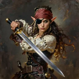 a beautiful painting of an epic fantasy style female pirate elf with eyepatch brandishing sword, oil painting, Greg Rutkowski, RPG portrait, dynamic lighting, fantasy art, High contrast, depth of field