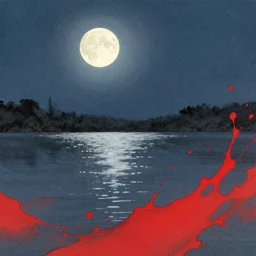 the moon shining on a lake at night, scarlet colour splash, painted a thin brush, detailed sumi-e illustration