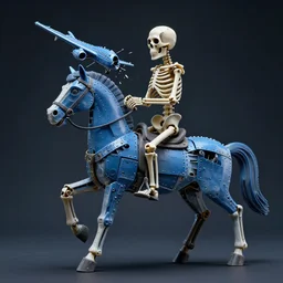 a scuplture of a skeleton riding a horse made from parts of plastic toys and riveted together, toy plane crashing, plastic, blue, hyperdetailed, ultra realistic, octane render, 8 k, cinematic, atmospheric lighting, dark volumetric lighting