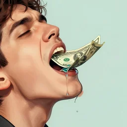 a liquid dollar bill dripping into a man's mouth, digital illustration, detailed, artsy, talented