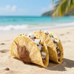 tacos made completely out of coconuts, on the beach