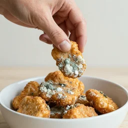 rotten human hand picking up a moldy chicken nugget in a bowl, hd, 4k image