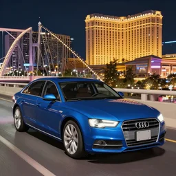 highly detailed, semi realistic, art style of studio ghibli, blue audi a80, nighttime, bridge, las vegas