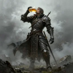 chaos servant drinks beer, beer, glass, beer mug in hand, intricate, triumphantly, foggy background, full body art, dark souls, drawing, concept art, artstation, digital painting