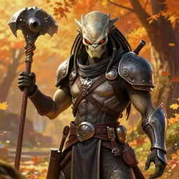 an epic fantasy comic book style portrait painting of a predator holding a scull in his hand, studio ghibli, unreal 5, daz, hyperrealistic, octane render, cosplay, rpg portrait, dynamic lighting, intricate detail, harvest fall vibrancy, cinematic