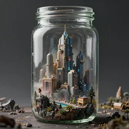 glass jar, inside is a rich utopian solarpunk city on top of a dystopian hellscape