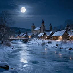 a small medieval village next to a frozen river at night with the moon in the sky realistic, Artstation, snowy