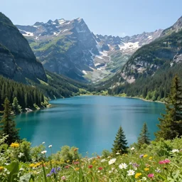 a epic view of a mountainous lake, forest, flowers, concept art, trending on, very detailed, unreal engine, 4 k, photoreal, volumetric lighting, light rays, epic composition, warm colors, angelic