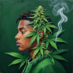 profile picture for swae lee, marijuana organic painting, marijuana, matte, hiphop, hard edges, energetic, 3 d shapes, asymmetrical, smoke, green, highly detailed, by sachin teng