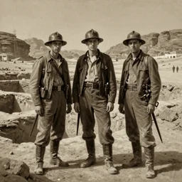 ultra detailed photorealistic sepia - toned painting from 1 9 1 7, three british soldiers standing at an archaeological dig site in wadi rum, ultra realistic, painted, intricate details, lovecraft, atmospheric, dark, horror, brooding, highly detailed, by dave dorman