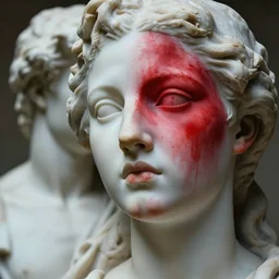 beautiful closeup portrait of a ethereal woman red paint half face, marble sculpture by greg rutkowski, josan gonzalez, rodin, michelangelo, cinematography by christopher nolan, imaginative, creative, emotion : madness