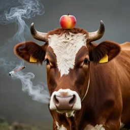 a cow smoking a cigar, the cow has an apple on top of its head, ultra realistic, professional photoshoot
