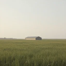 A serene landscape with a singular building in the style of John Lowe.