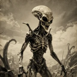 alien looking, skull like, big forehead, horrifying, killer, creepy, dead, monster, tall, skinny, open mouth, deathly, old picture