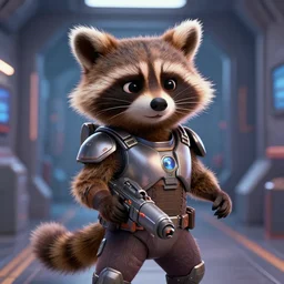 closeup portrait, detailed illustration of furry rocket the raccoon standing in the hallway of a space ship from guardians of the galaxy, wearing mass effect armor, holding a rocket launcher, soft volumetric lighting, cinematic, disney, pixar, confident action pose
