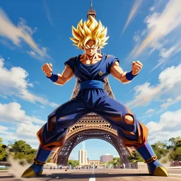 super saiyan attacking Paris france, digital art,ultra realistic,ultra detailed, ultra wide Lens, art by greg rutkowski