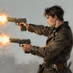 A combat mage wielding two Glock pistols, bust shot, Art by James Jean