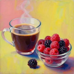 a hyperrealistic oil painting of a translucent glass cup of coffee, next to a bowl filled with juicy raspberries and blackberries, trippy colors, trending on artstation, cgsociety