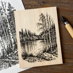 birch wood etching, made with charcoal, lakeside forest