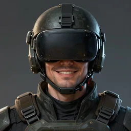 Portrait of a man by Greg Rutkowski, symmetrical face, a marine with a helmet, using a VR Headset, Kubric Stare, crooked smile, he's wearing a tacitcal gear, highly detailed portrait, scifi, digital painting, artstation, book cover, cyberpunk, concept art, smooth, sharp foccus ilustration, Artstation HQ