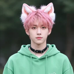 cute young man with pink hair and pink wolf ears wearing a collar and a green hoodie