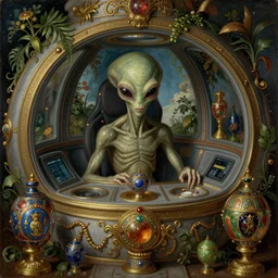 an alien in spaceship cockpit, decorated with alien foliage, faberge, and filigree. pulp sci - fi art. baroque period, oil on canvas. renaissance masterpiece