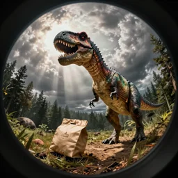 fisheye view of dinosaur stealing a package