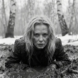 1 9 6 0 s movie still close - up portrait of a dirty old blonde woman crawling in a swamp with birch forest, snow, cinestill 8 0 0 t 3 5 mm b & w, heavy grain, high quality, high detail, mud, fog, by tarkovsky