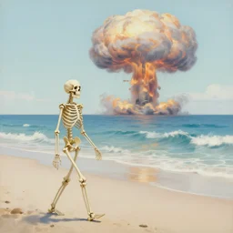 a skeleton walking on a beach next to the ocean with nuclear bomb explosion in the background, a naturalism painting by Storm Thorgerson, featured on cg society, matte painting, realistic, chillwave, anatomically correct, light colors, photo-realistic mushroom-cloud in the background